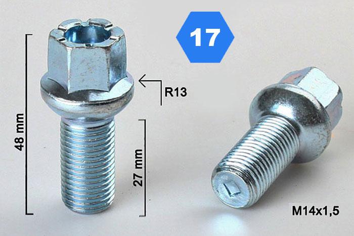 M14x1,5, Radius 13, Wielbout radius, Draadlengte 27mm, SW 17, o.a.VW/Audi